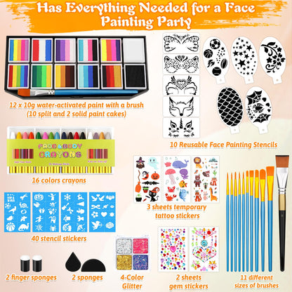 Face Painting Kit for Kid Adult, 12x10gm Split Cake FacePaint Palette WaterBased Paint With Stencil Brush Glitter Crayon, Professional Face Body Paint Set for Party Birthday Halloween Christmas Makeup 🍁 All In One Marketplace Canada