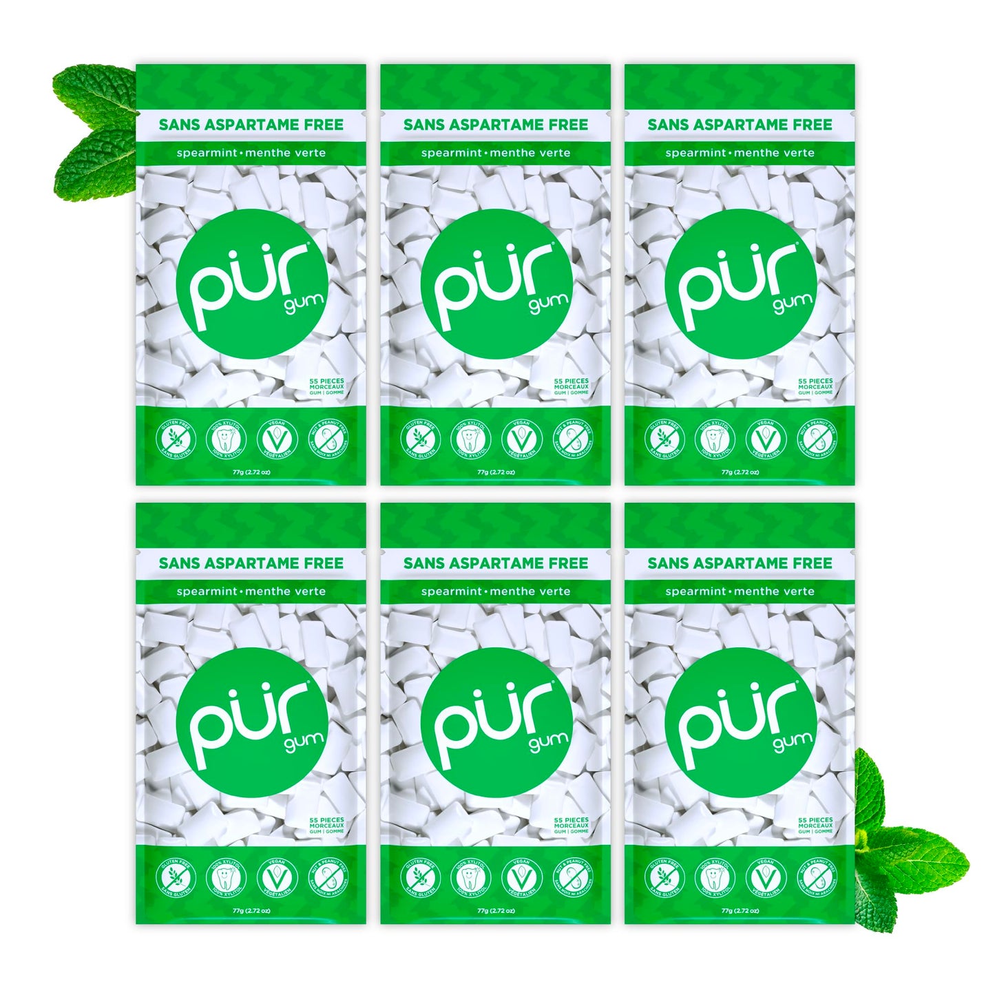 PUR Gum | Aspartame Free Chewing Gum | 100% Xylitol | Natural Spearmint Flavoured Gum, 55 Pieces (Pack of 6) - Available at All In One Marketplace Canada