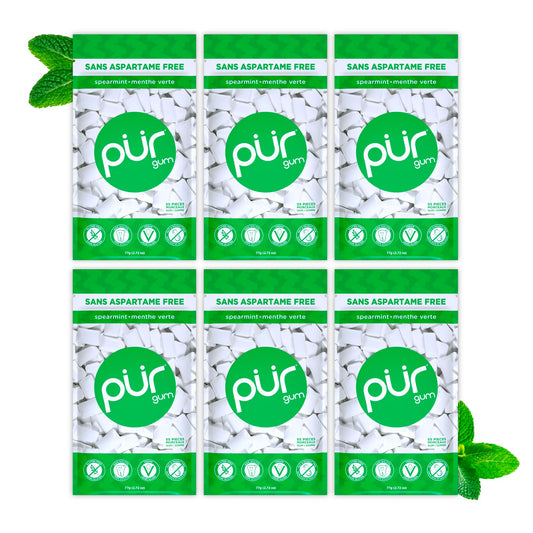 PUR Gum | Aspartame Free Chewing Gum | 100% Xylitol | Natural Spearmint Flavoured Gum, 55 Pieces (Pack of 6) - Available at All In One Marketplace Canada