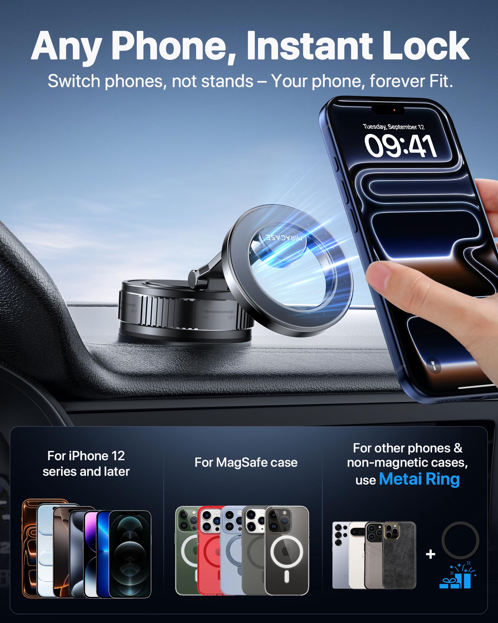 Miracase 2026 for MagSafe Car Mount: [Ultra-Strong Vacuum Suction + Handlebar] 360° Rotatable Handlebar Mount, Car Phone Holder for All Phone Models