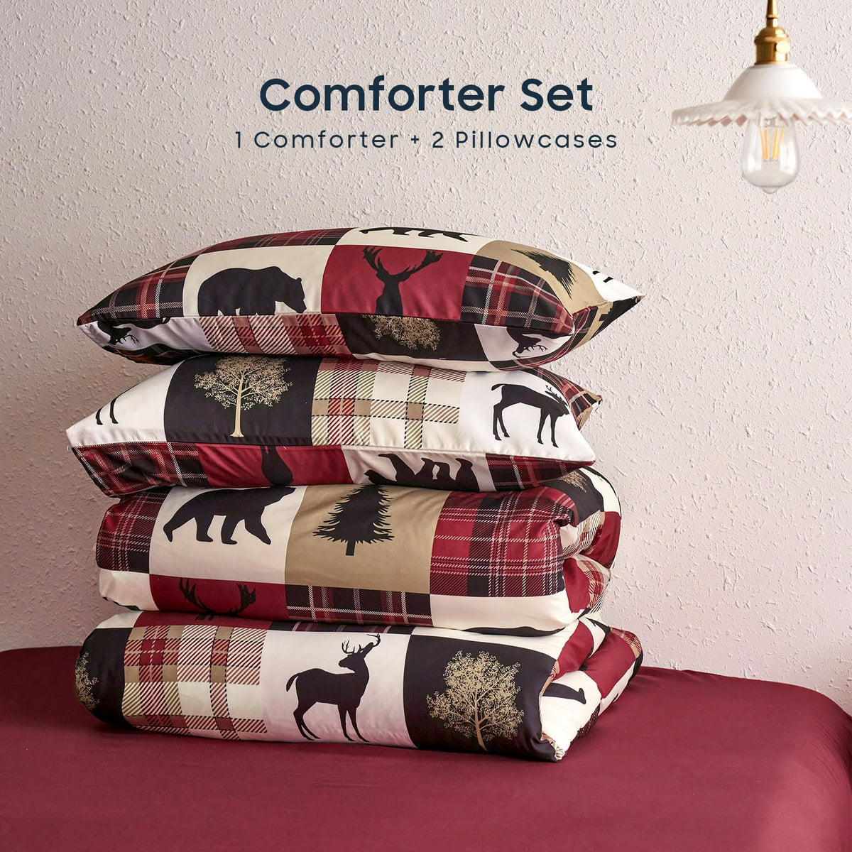Wake In Cloud - Rustic Comforter Set, Cabin Christmas Farmhouse Western Lodge Woodland Wildlife Patchwork RV Outdoor Theme, Soft Lightweight Bedding, 3-Piece, Burgundy Black, Queen Size 🍁 All In One Marketplace Canada