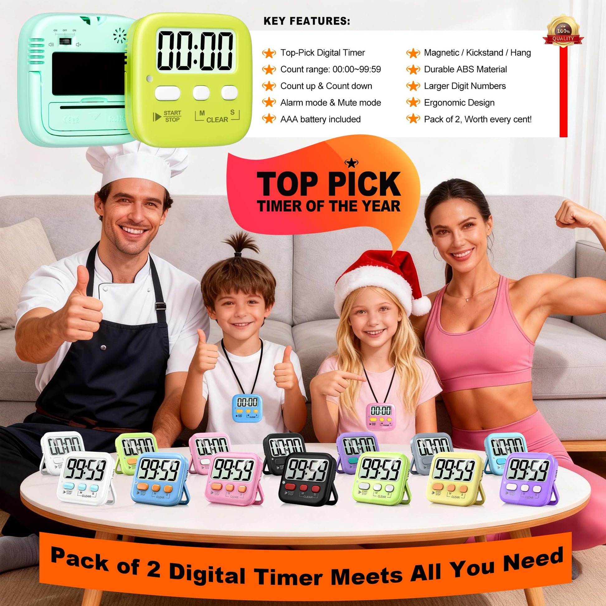 Antonki 2-Pack Kitchen Timer for Cooking, Digital Timer for Kids Teacher Study Classroom, Magnetic Countdown Minuteur for Egg Baking Oven Exercise - Battery Included