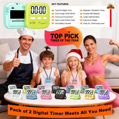 Antonki 2-Pack Kitchen Timer for Cooking, Digital Timer for Kids Teacher Study Classroom, Magnetic Countdown Minuteur for Egg Baking Oven Exercise - Battery Included