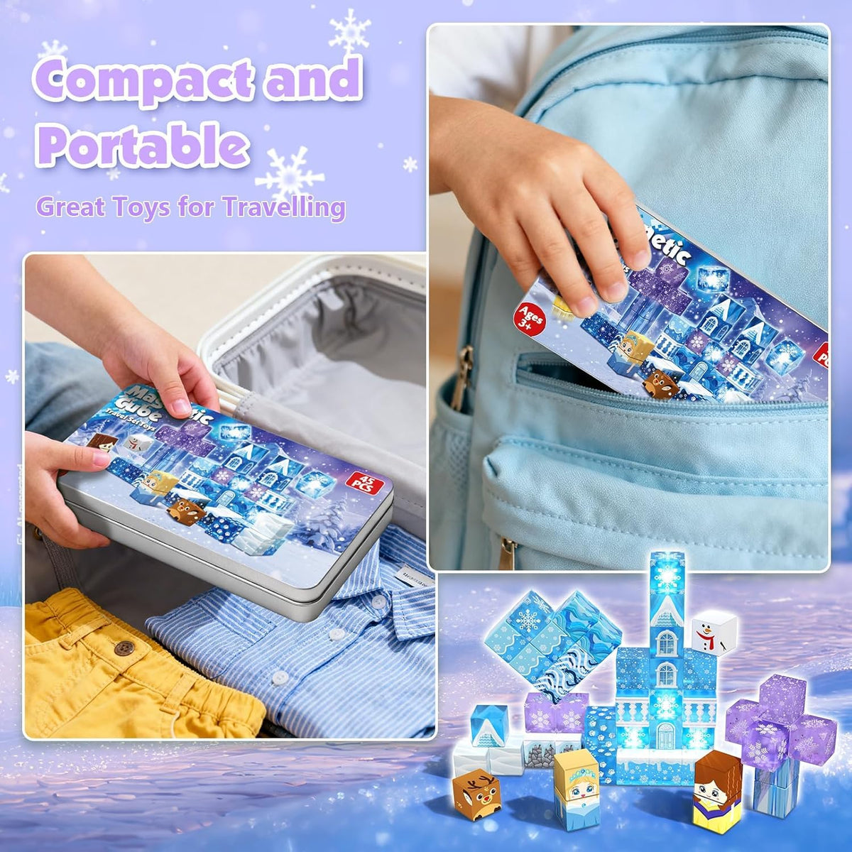 Transparent Light Up Magnetic Blocks - 45PCS Travel Toys for Kids Ages 4 5 6 7+ Magnetic Tin Box Magnet Building Princess Blue Snow Castle Build STEM Learning Toys Christmas Birthday Girls Toddlers 3+ 🍁 All In One Marketplace Canada