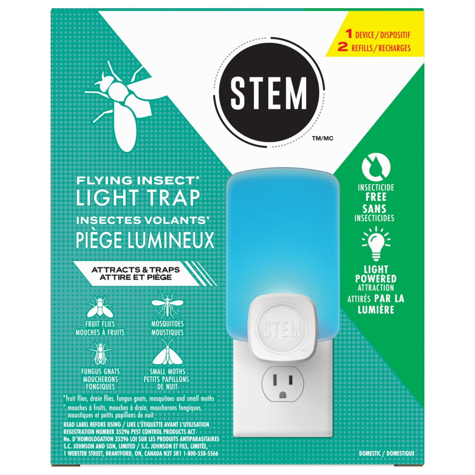 STEM Flying Insect Light Trap Kit, Fruit Fly Trap for Indoor Use, Effective Insect Control for Home, Drain Fly & Fungus Gnat Control, Insecticide-Free Plug-in Device, 1 Device + 2 Cartridges - Available at All In One Marketplace Canada