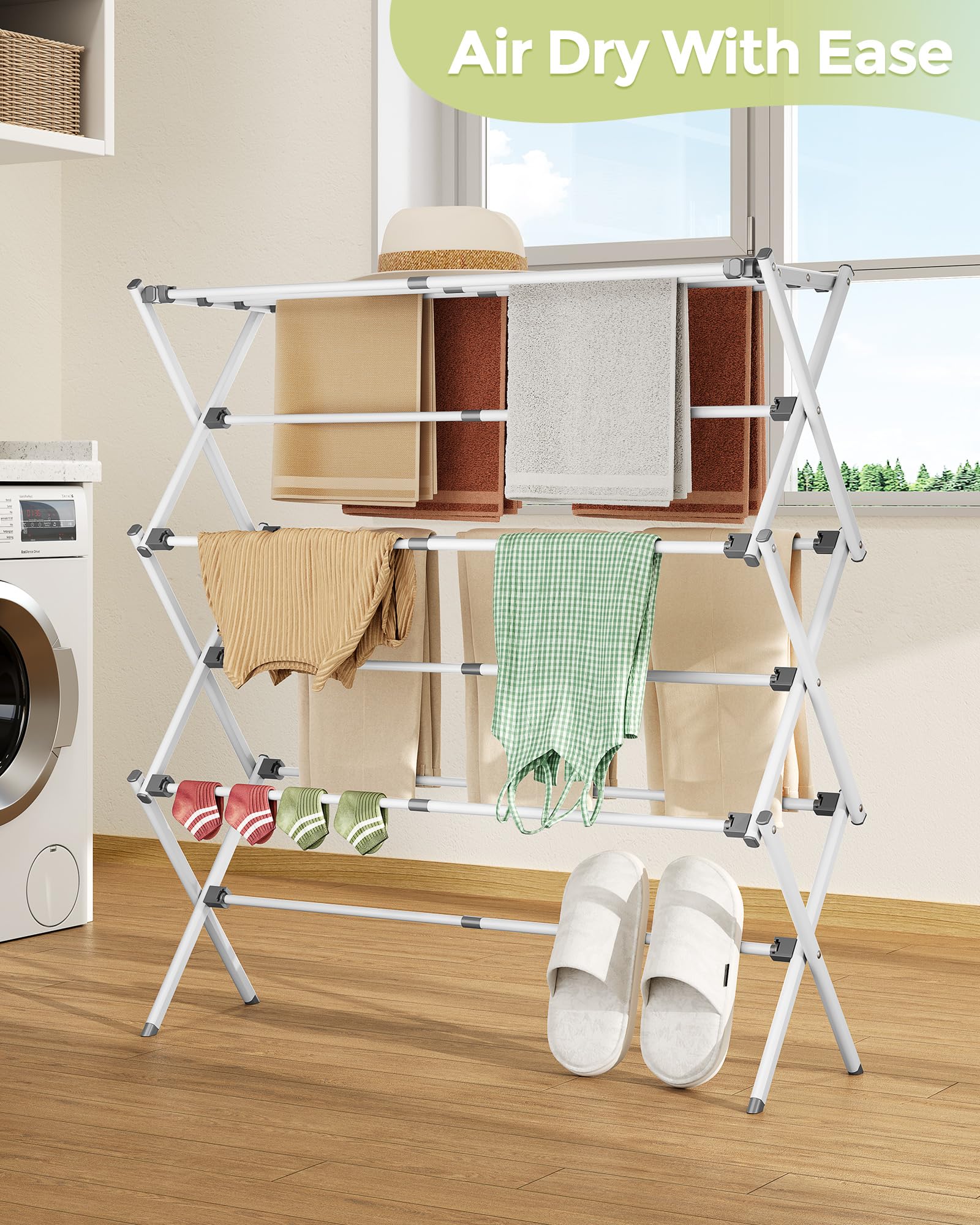 APEXCHASER Clothes Drying Rack, Expandable Drying Rack Clothes, Collapsible 3 Tiers Foldable Laundry Rack Indoor, for Baby Clothe Towels Bibs, White, 37.6inch - Available at All In One Marketplace Canada
