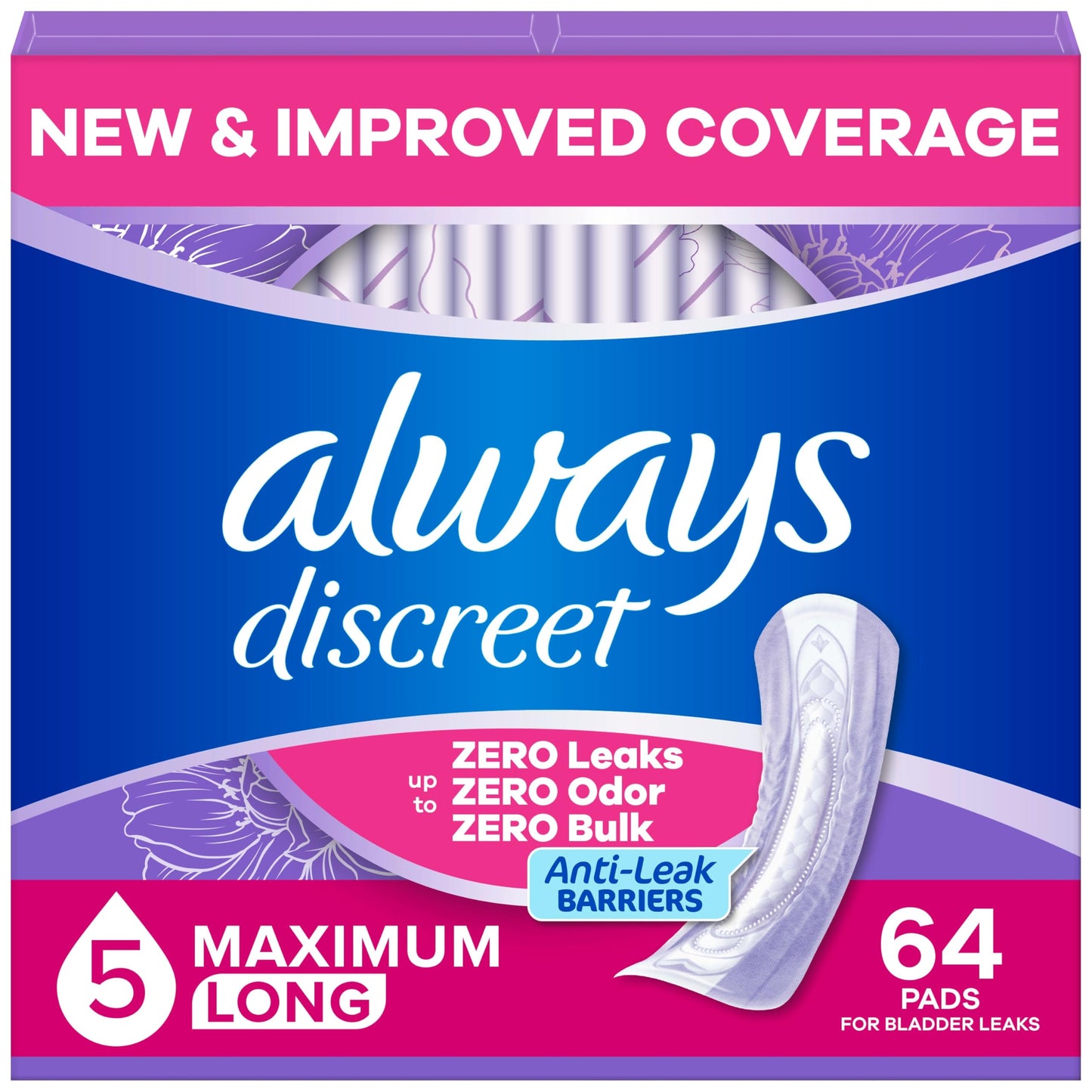 Always Discreet Adult Incontinence Pads for Women, Maximum Absorbency, Long Length, Postpartum Pads, 64 Count - Available at All In One Marketplace Canada