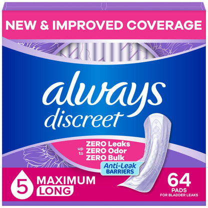 Always Discreet Adult Incontinence Pads for Women, Maximum Absorbency, Long Length, Postpartum Pads, 64 Count - Available at All In One Marketplace Canada