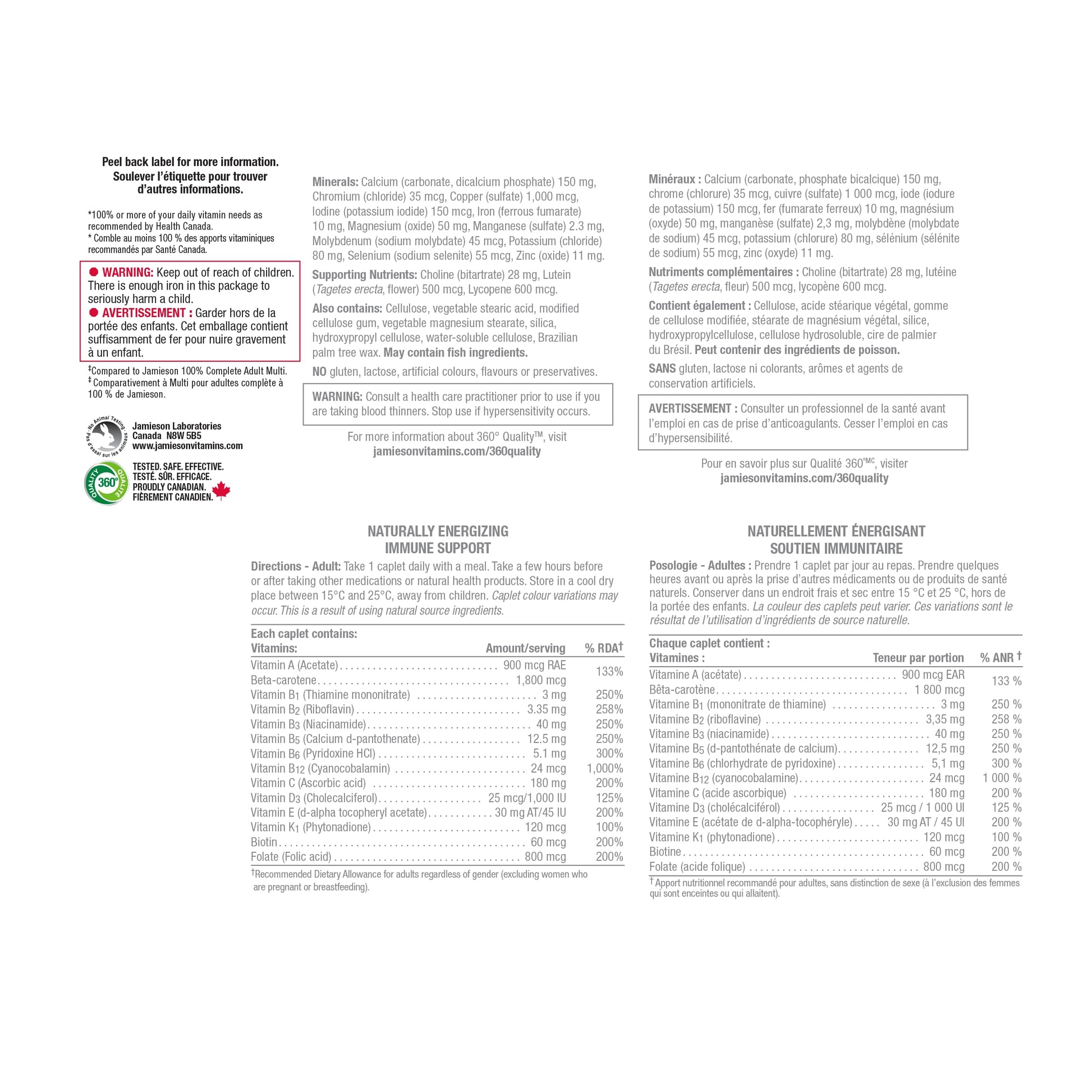 Jamieson 100% Complete Multivitamin Max Strength, with Higher Concentrations of Vitamin B, Vitamin C, and Vitamin D. Supports Immunity, Energy, and Overall Health, Gluten-Free, One Per Day, 115 Caplets - Available at All In One Marketplace Canada