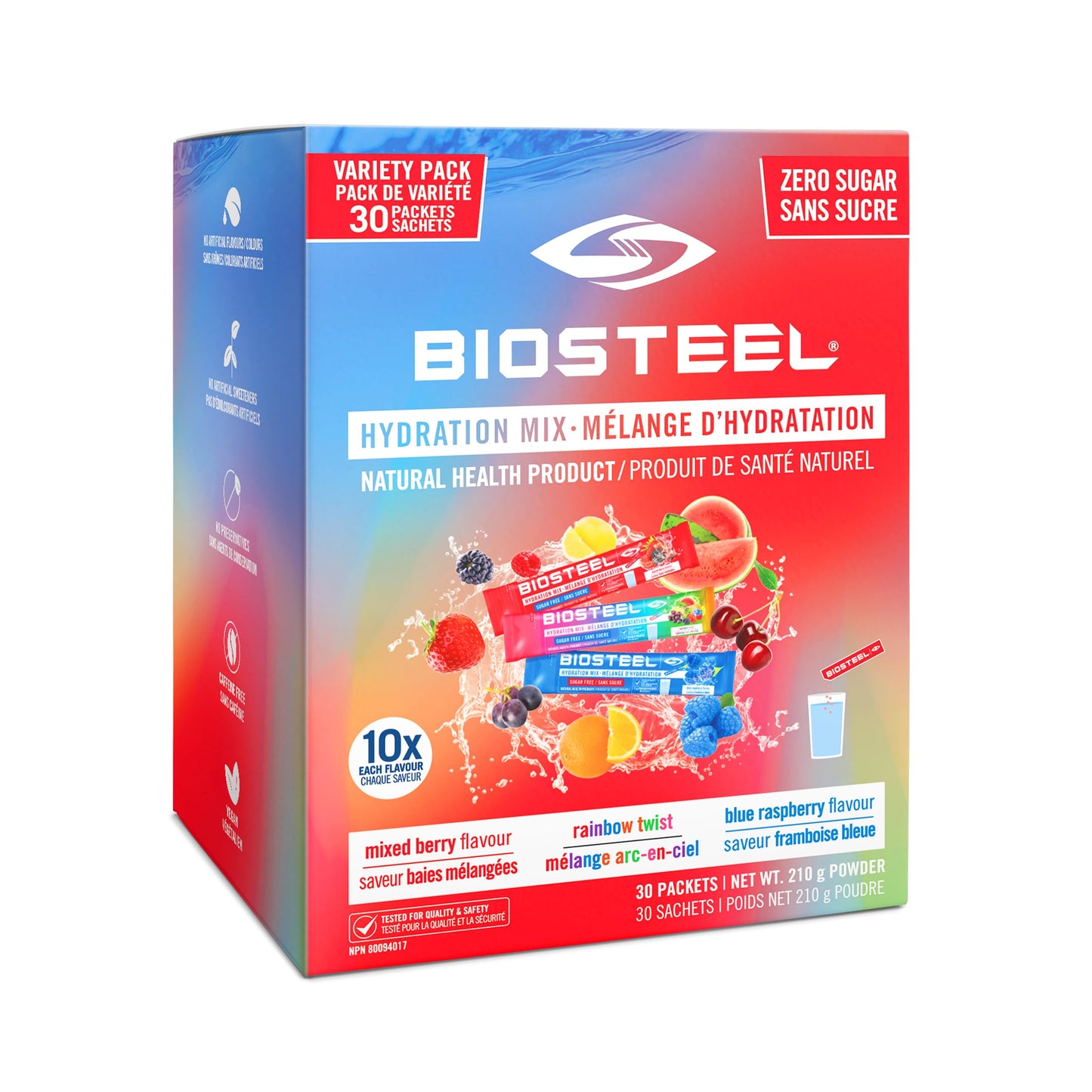 BioSteel Zero Sugar Sports Hydration Mix Variety Pack - Mixed Berry, Rainbow Twist & Blue Raspberry, 30 Packets