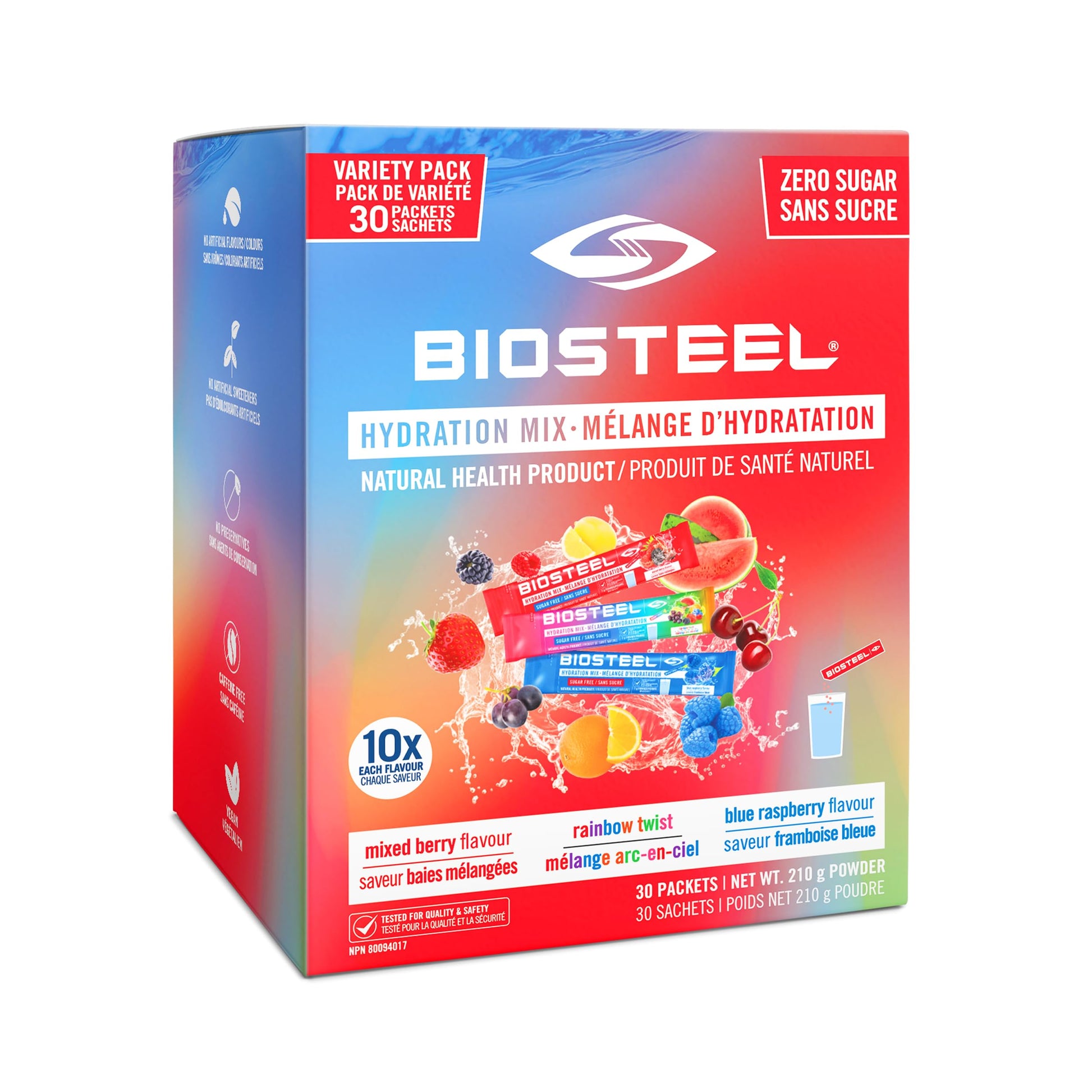 BioSteel Zero Sugar Sports Hydration Mix Variety Pack - Mixed Berry, Rainbow Twist & Blue Raspberry, 30 Packets