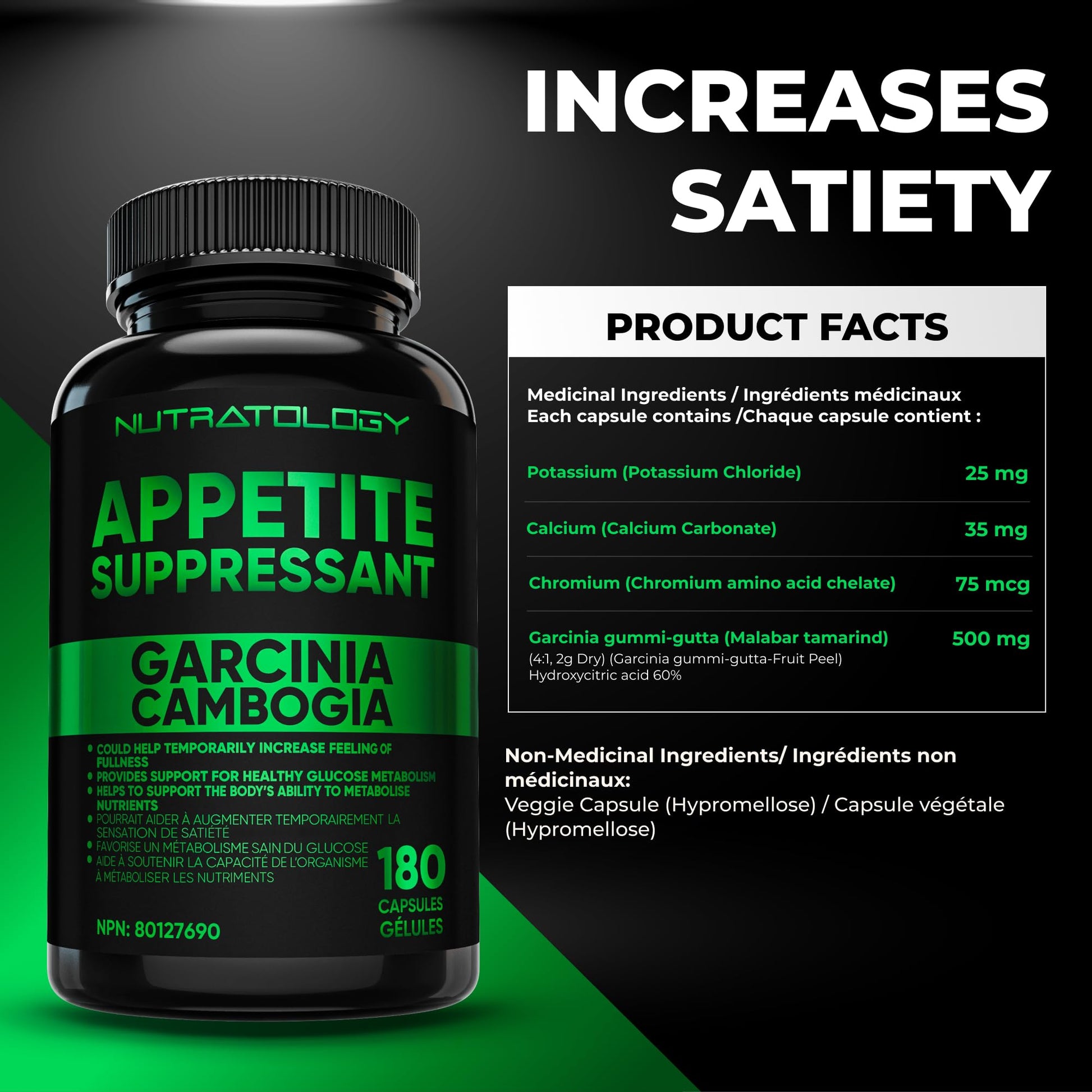 Nutratology® Garcinia Cambogia Appetite Suppressant Weight Loss For Women & Men | Canadian-Made | 500 MG Per Capsule | 60% HCA - Increase Feelings of Fullness & Maintain Blood Sugar Levels - 180 Count - Available at All In One Marketplace Canada