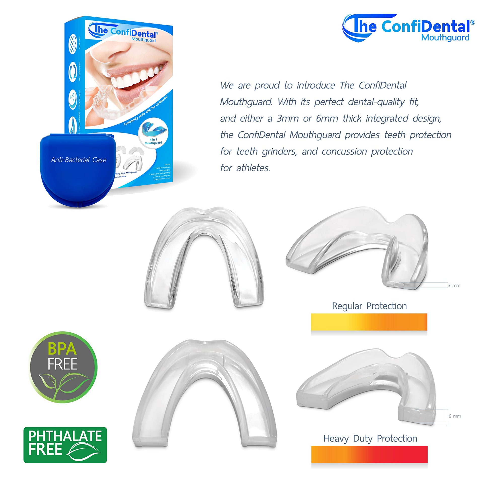 The ConfiDental - Moldable Mouth Guard for Teeth Grinding Clenching Bruxism Sport Athletic Whitening Tray Pack of 5 Including 3 Regular and 2 Heavy Duty Guard (3 (Ill) Regular 2 (ll) Heavy Duty)
