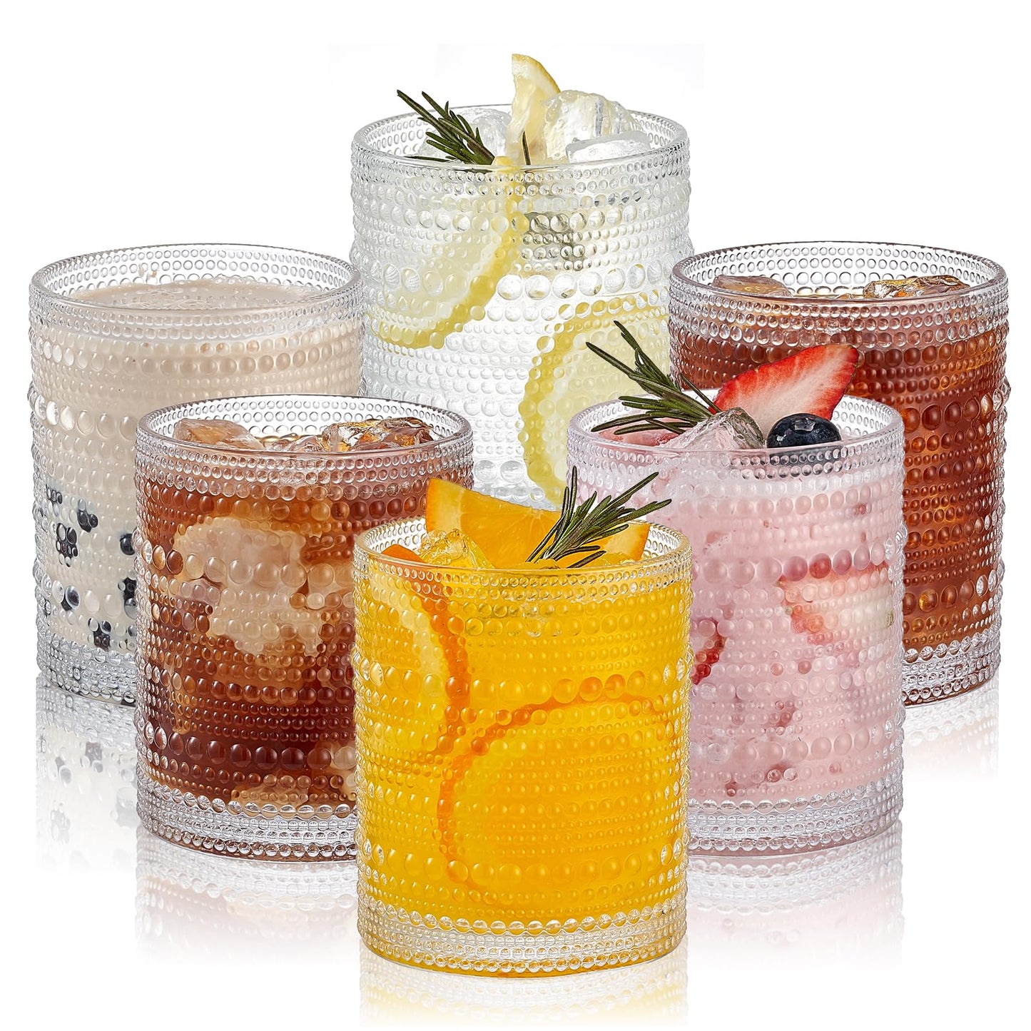 HomeVogue Hobnail Drinking Glasses Set of 6,12 oz Vintage Glassware Set Cocktail Glass Set, Embossed Clear Water Tumbler,for Beer, Whiskey,Juice and Various Mixed Drinks (Clear) - Available at All In One Marketplace Canada