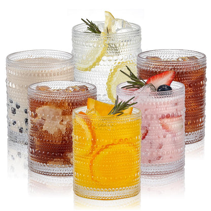 HomeVogue Hobnail Drinking Glasses Set of 6,12 oz Vintage Glassware Set Cocktail Glass Set, Embossed Clear Water Tumbler,for Beer, Whiskey,Juice and Various Mixed Drinks (Clear) - Available at All In One Marketplace Canada