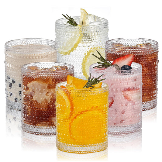 HomeVogue Hobnail Drinking Glasses Set of 6,12 oz Vintage Glassware Set Cocktail Glass Set, Embossed Clear Water Tumbler,for Beer, Whiskey,Juice and Various Mixed Drinks (Clear) - Available at All In One Marketplace Canada