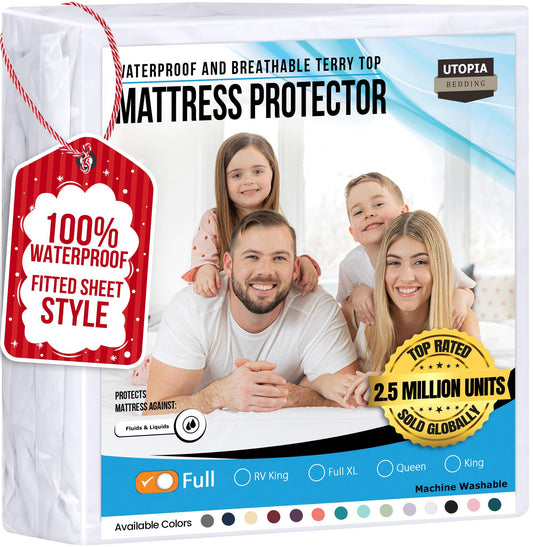 Utopia Bedding Waterproof Mattress Protector Full/Double Size, Premium Terry Mattress Cover 200 GSM, Breathable, Fitted Style with Stretchable Pockets (White)