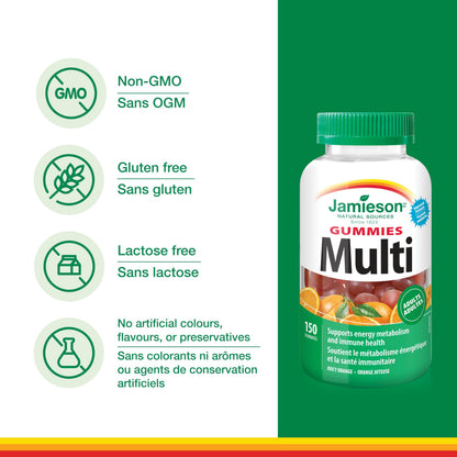 Jamieson Multivitamin Gummies for Adults Juicy Orange Flavour, Supports Immunity, Energy and Overall Health. With Zinc, Vitamin D3, and Biotin, Vegetarian, Non-GMO, No Gluten, Artificial Colours, Flavours or Preservatives, 150 Count - Available at All In One Marketplace Canada