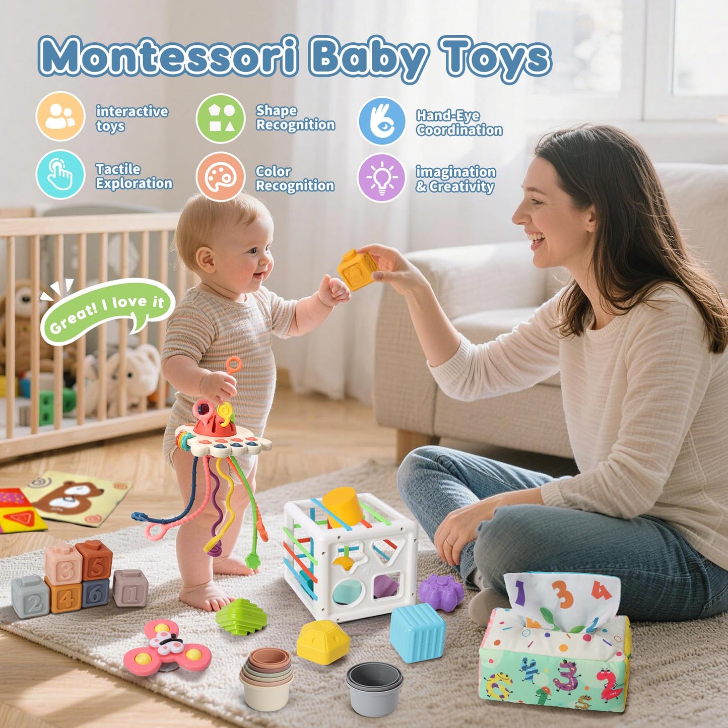 6 in 1 Baby Montessori Toys for 6-12 Months, Montessori Toys for Babies Incl Pull String Toy, Stacking Cups, Tissue Box Toy, Suction Cup Spinner Toys, Stacking Blocks, Activity Cube Gift for Boy Girl - Available at All In One Marketplace Canada