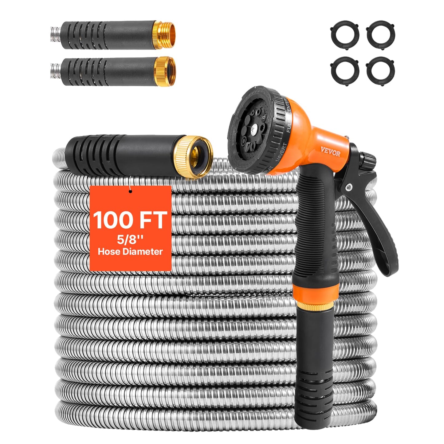 VEVOR Metal Garden Hose 100 ft, Rust Proof Stainless Steel Water Hose, Heavy Duty Backyard Hose with 10 Function Nozzle, No-Kink & Flexible Water Pipe, Lightweight Metal Hose for Yard, Outdoor 🍁 All In One Marketplace Canada