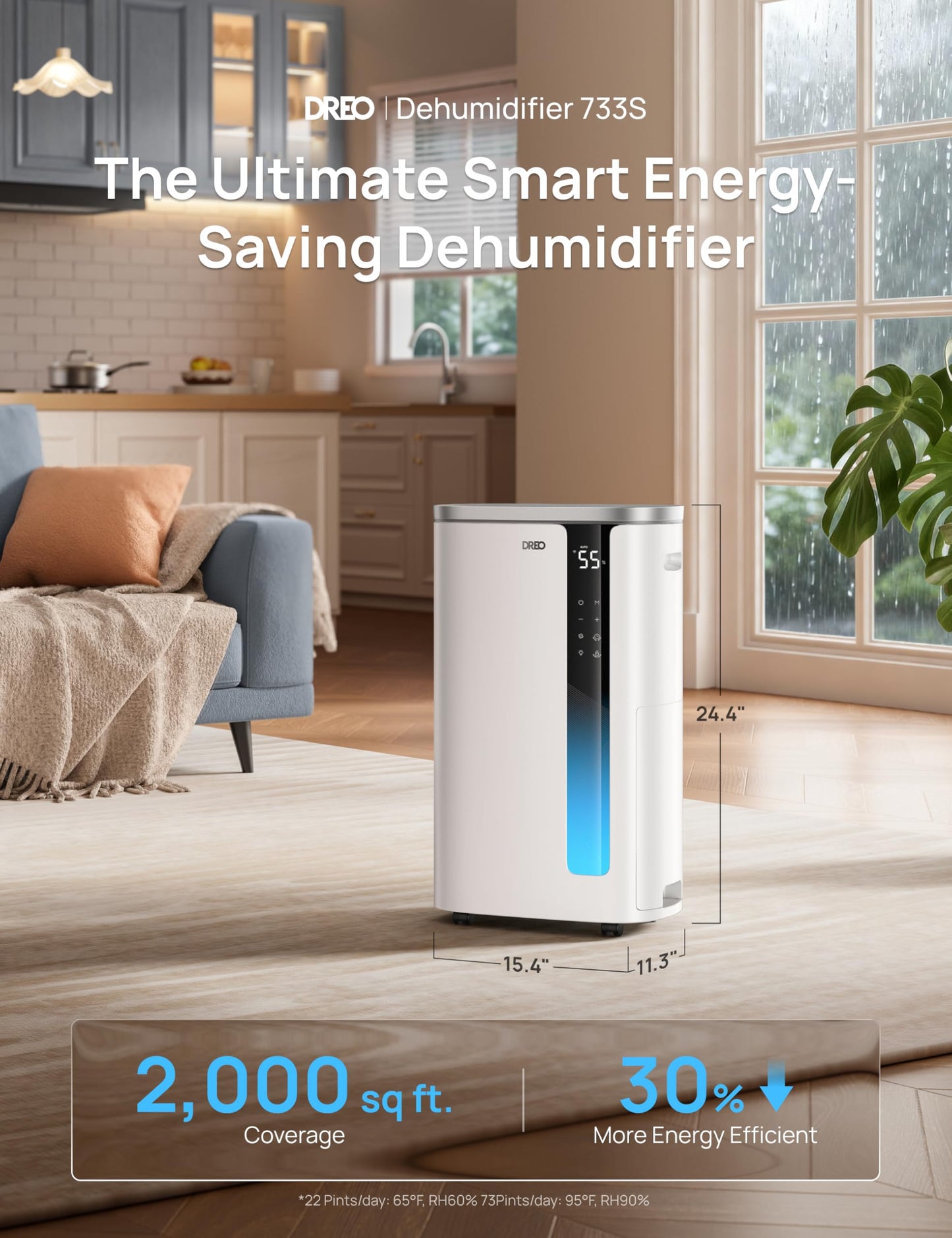 DREO 73 Pint Smart Dehumidifiers for Basements, Energy Star 6.0 Dehumidifier, Quiet 41dB, Auto Humidity Control, 3 Fan Speeds, 24H Timer, with Drain Hose, for Home up to 2000 Sq Ft, Bathroom & Bedroom DREO