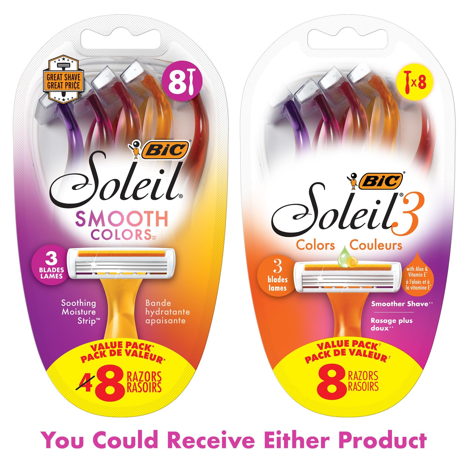 BIC Soleil 3 Colors Women's Disposable 3-Blade Razors, Aloe Strip, Women's Razors for University Residence Room Essentials and First Apartment Essentials, 8-Pack - Available at All In One Marketplace Canada