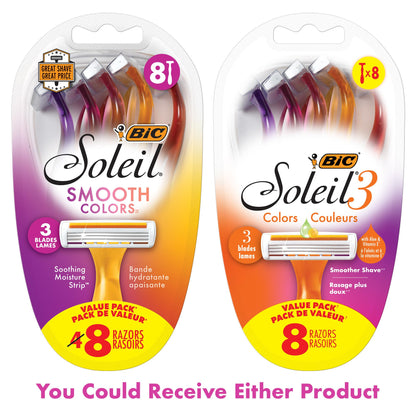 BIC Soleil 3 Colors Women's Disposable 3-Blade Razors, Aloe Strip, Women's Razors for University Residence Room Essentials and First Apartment Essentials, 8-Pack - Available at All In One Marketplace Canada