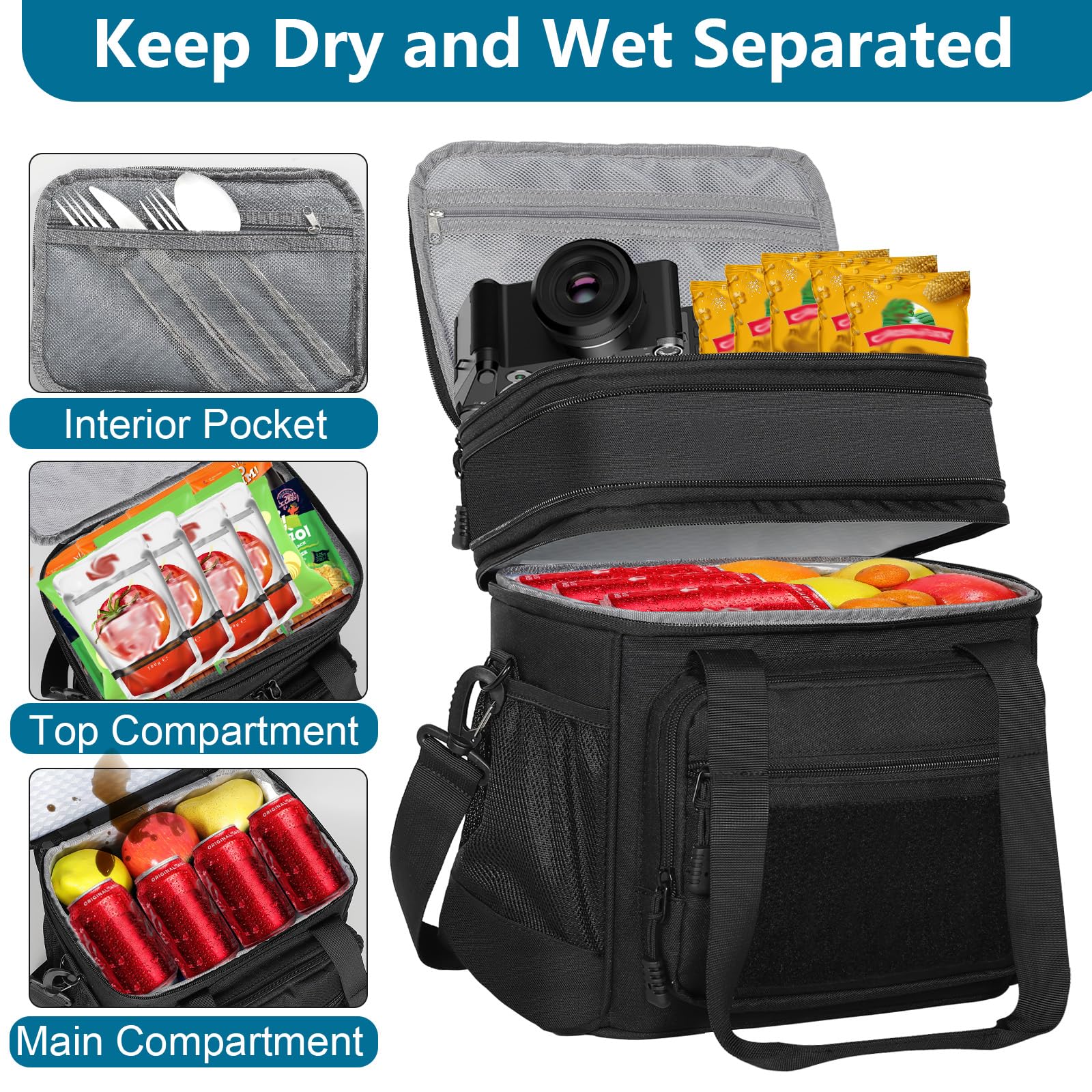 Tactical Lunch Box Cooler Bag - Expandable Insulated Lunch Bag for Men Daily - Large Lunchbox for Adults Work Shifts Outdoor Trips Black 16L - Available at All In One Marketplace Canada