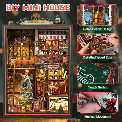 Christmas Book Nook Kit, DIY Miniature House Dollhouse Kit for Adults and Teens, Music Box, LED, 3D Wooden Puzzle Booknook Tiny House Bookshelf Christmas Decor, Gift for Family, Friends 🍁 All In One Marketplace Canada