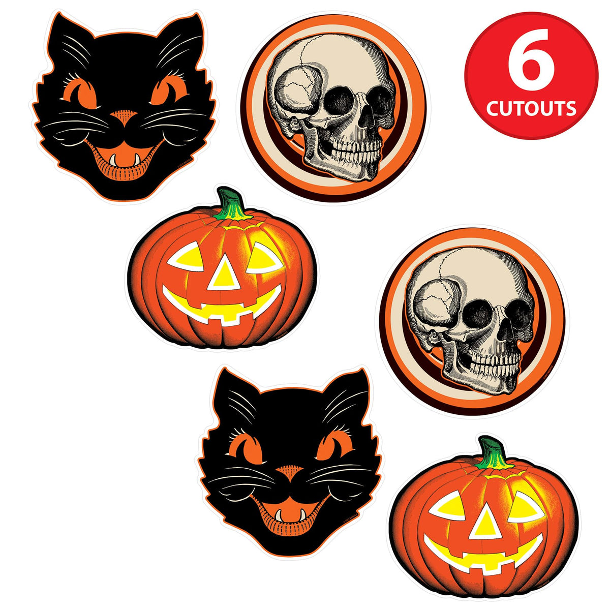 Lot de 6 décorations vintage en plastique pour Halloween Beistle, 25-30 cm, motifs citrouille, chat et tête de mort