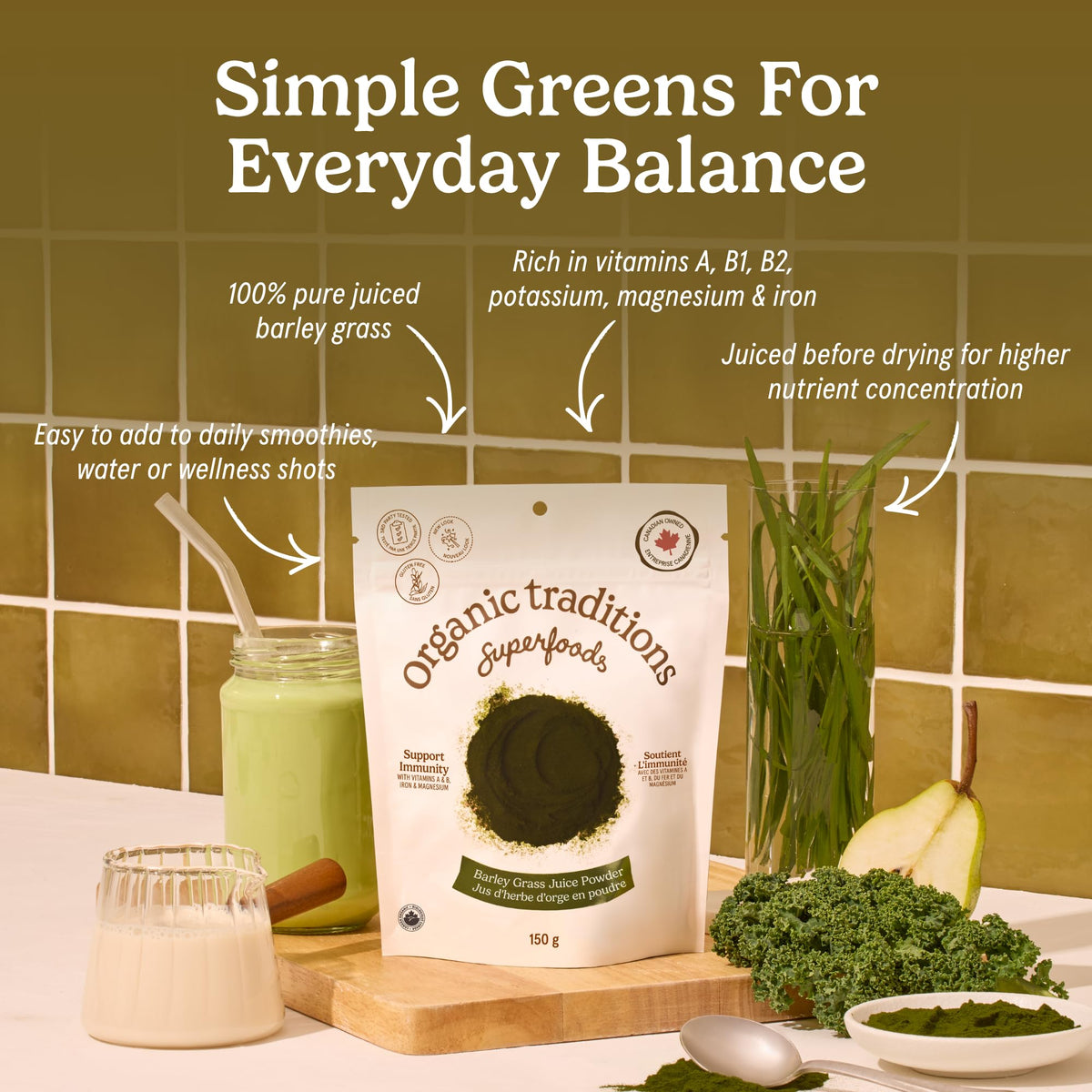 Organic Traditions Barley Grass Juice Powder, Daily Greens Formula, 5.3oz
