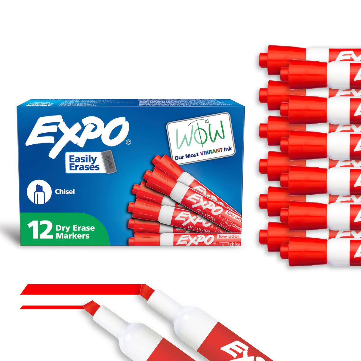 EXPO Dry Erase Markers, Low Odour Ink, Red, Chisel Tip, 12 Count