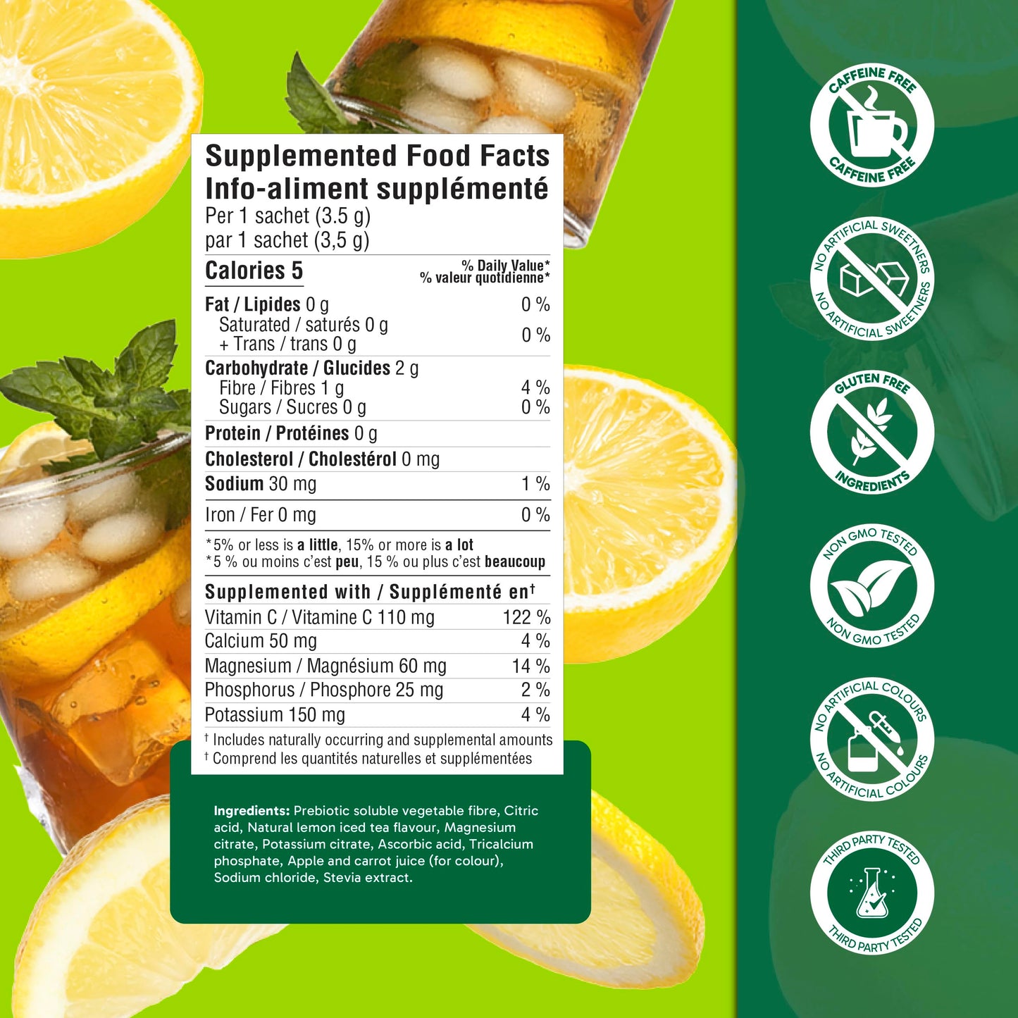 Organika Canadian-Made Electrolytes Powder with Vitamin C & Prebiotic Fibre - Sugar-Free Hydration Drink Mix - Lemon Iced Tea - 20 Single-Serve Sachets x 3.5g
