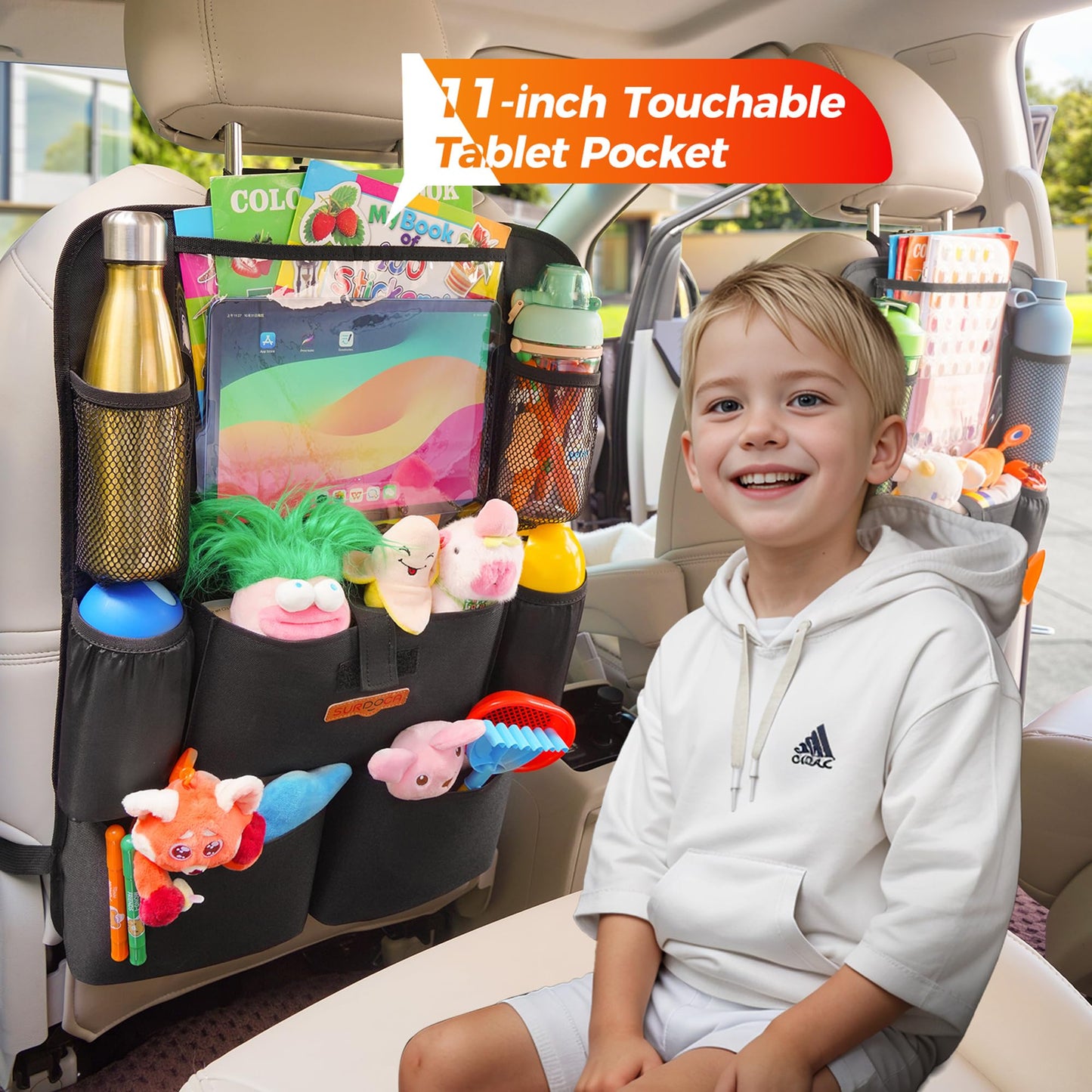 SURDOCA Car Seat Organizer with 11Inch Tablet Holder,8 Pockets,4th Gen Road Trip Essentials for Kids,Backseat Organizer Protectors Storage Accessories