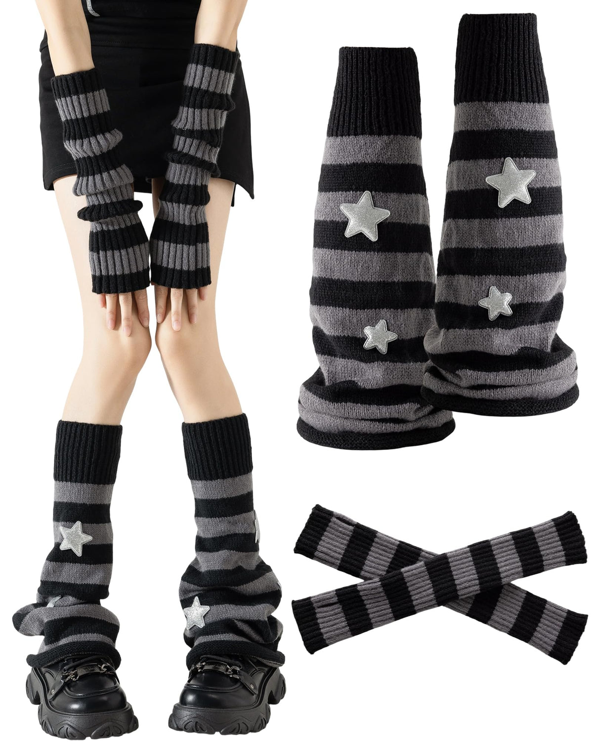 Yawlsow Leg Warmers for Women Y2k Knit Ruffle Leg Warmer Winter, Kawaii Cute Long Socks for Girls Goth Harajuku Accessories (Black Grey Star, One Size) 🍁 All In One Marketplace Canada
