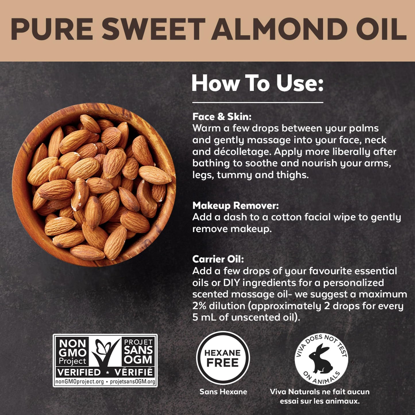 Viva Naturals Sweet Almond Oil – Almond Oil for Skin, Hair & Face, Body Oil After Shower, Body Oil for Dry Skin, Carrier Oil for Essential Oils & Almond Hair Oil, 16 fl oz - Available at All In One Marketplace Canada