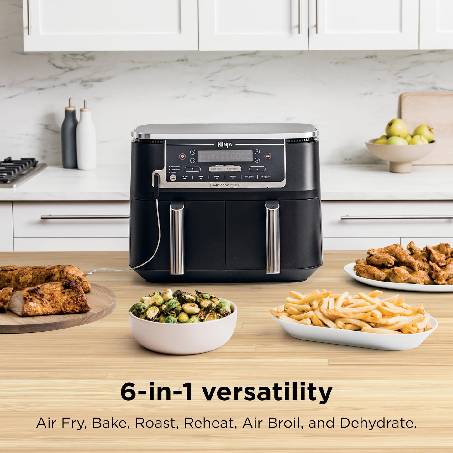 Ninja Foodi 10 QT 6-in-1 DualZone Smart XL Air Fryer, 2 Independent 5QT Baskets, Smart Cook Thermometer, Match Cook, Smart Finish, Air Fry, Roast, Bake, Dehydrate, Reheat, Grey, DZ550 - Available at All In One Marketplace Canada