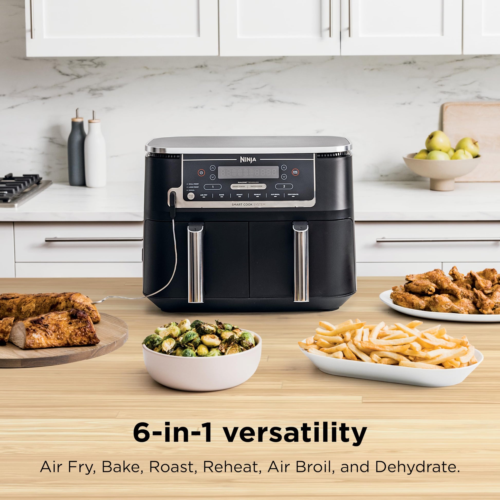 Ninja Foodi 10 QT 6-in-1 DualZone Smart XL Air Fryer, 2 Independent 5QT Baskets, Smart Cook Thermometer, Match Cook, Smart Finish, Air Fry, Roast, Bake, Dehydrate, Reheat, Grey, DZ550 - Available at All In One Marketplace Canada