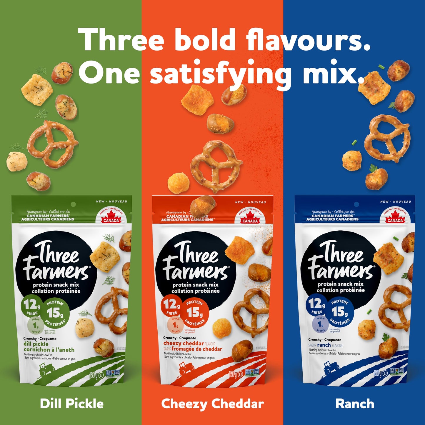 Three Farmers Protein Snack Mix – 15g Protein, 12g Fibre, Roasted Fava & Pea Puffs with Pretzels (3 x 150g)