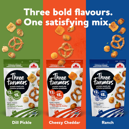 Three Farmers Protein Snack Mix – 15g Protein, 12g Fibre, Roasted Fava & Pea Puffs with Pretzels (3 x 150g)