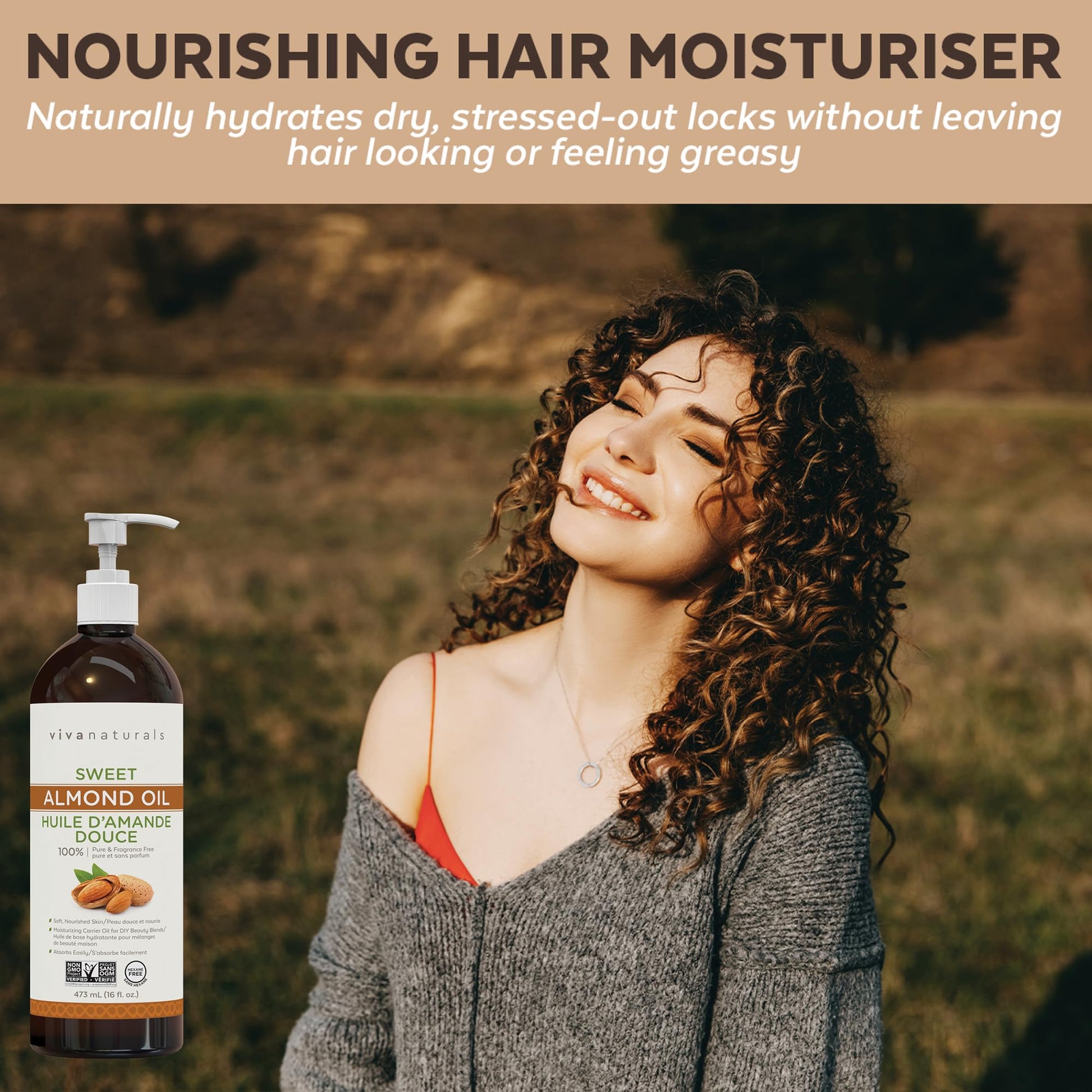 Viva Naturals Sweet Almond Oil – Almond Oil for Skin, Hair & Face, Body Oil After Shower, Body Oil for Dry Skin, Carrier Oil for Essential Oils & Almond Hair Oil, 16 fl oz - Available at All In One Marketplace Canada