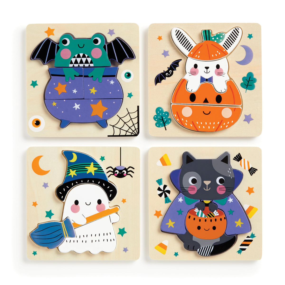 Mudpuppy Halloween – Set of 4 Wooden 4 Piece Puzzles Featuring A Colorful Halloween Scene with Adorable Characters