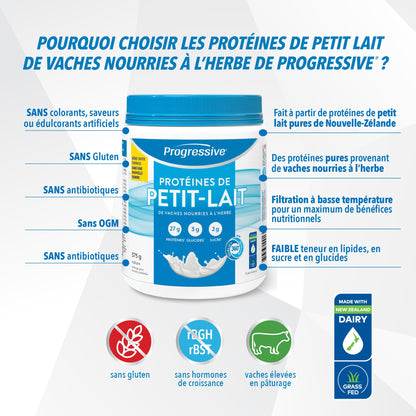 Progressive Grass-Fed 100% Whey Protein Powder Unflavoured, 27g of New Zealand Whey Concentrate per Scoop for Muscle Gain, Pasture-Raised, Non-GMO, Canadian-Made Antibiotic-free, Hormone-free, 375 g