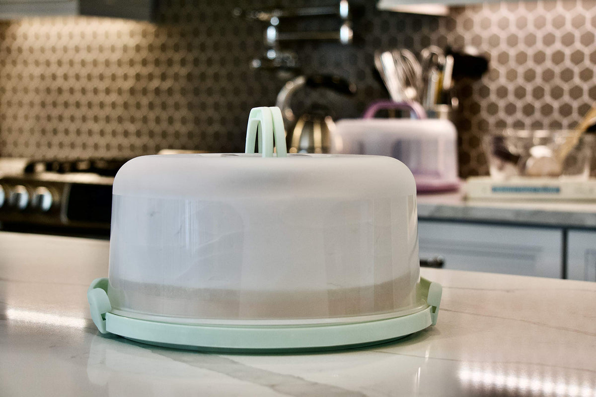 Top Shelf Elements Cake Carrier, Two sided Cake Holder Serves as Five Section Serving Tray, Portable Cake Stand Fits 10 inch Cake, Cake Box Comes With Handle, Stand Holds Pies (Seafoam Green) 🍁 All In One Marketplace Canada