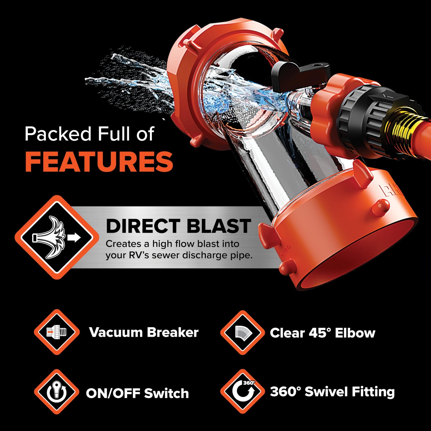 Camco Rhino Blaster — Camper Holding Tank and RV Portable Waste Tank Rinser — Provides Thorough RV Tank Cleaning — Features a Backflow Preventer & 45-Degree Clear Elbow Adapter (39080) Camco