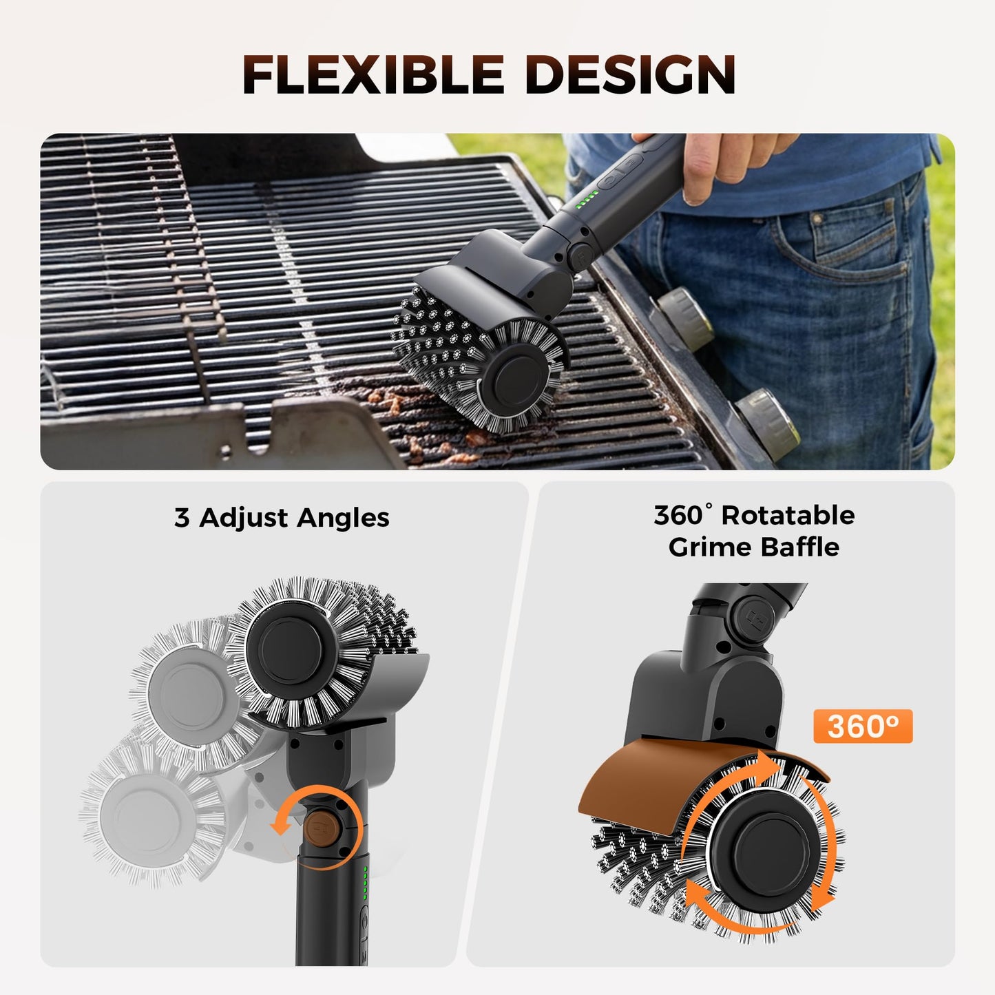 Leebein Electric Grill Brush for Outdoor, 2026 New BBQ Grill Cleaner with 3 Heads, 3-Speed & Angle Adjust Cordless Rotary Grill Brush, 150 Mins Runtime Grill Cleaning Brush for Barbecue Grates