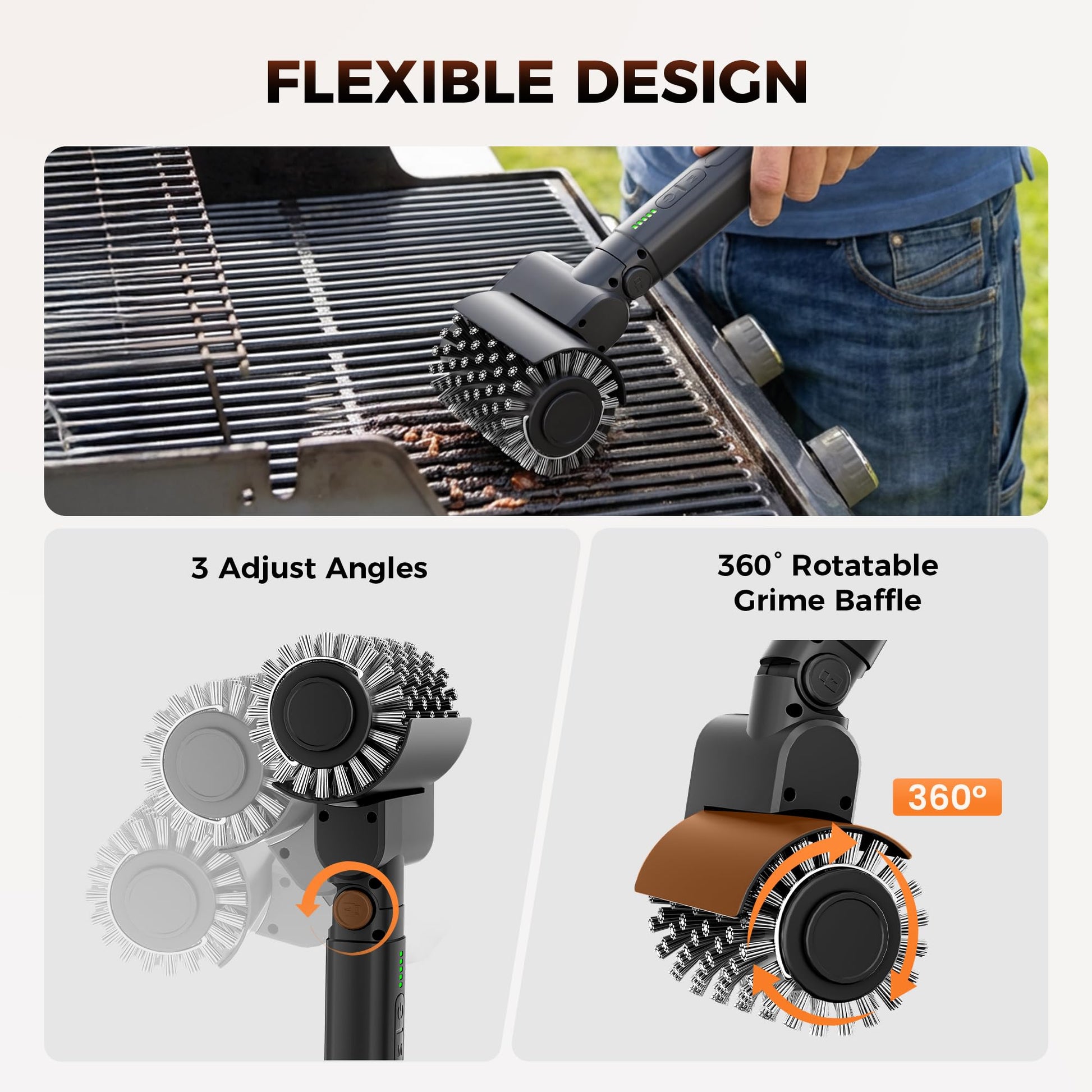 Leebein Electric Grill Brush for Outdoor, 2026 New BBQ Grill Cleaner with 3 Heads, 3-Speed & Angle Adjust Cordless Rotary Grill Brush, 150 Mins Runtime Grill Cleaning Brush for Barbecue Grates