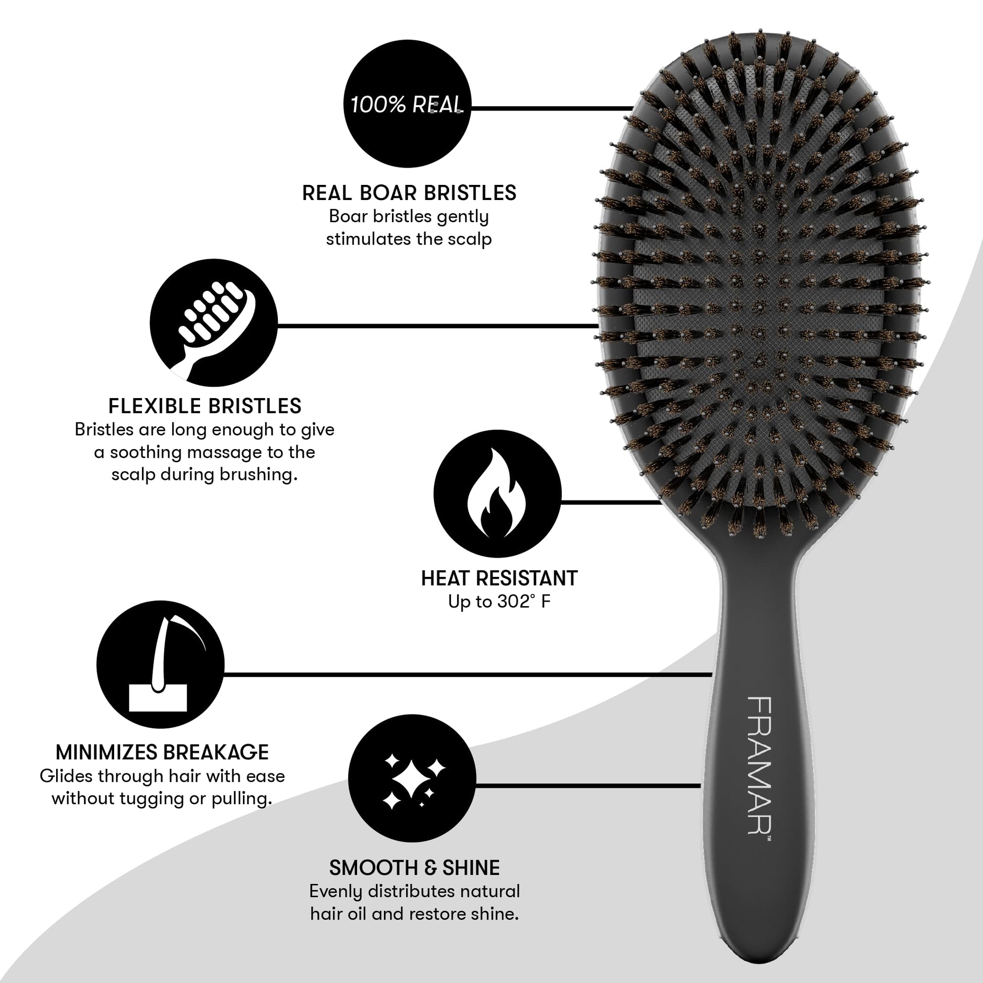 FRAMAR Black Boar Bristle Hair Brush - Natural Bristle Brush For Fine Hair, Boar Brush For Slicking Back Hair, Hair Brush For Women, Slick Back Hair Brush, Brosse a Cheveux, Brosse Poil De Sanglier