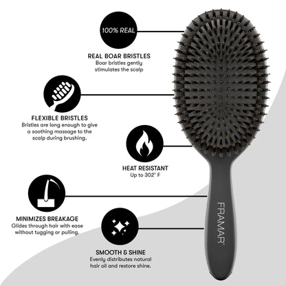 FRAMAR Black Boar Bristle Hair Brush - Natural Bristle Brush For Fine Hair, Boar Brush For Slicking Back Hair, Hair Brush For Women, Slick Back Hair Brush, Brosse a Cheveux, Brosse Poil De Sanglier