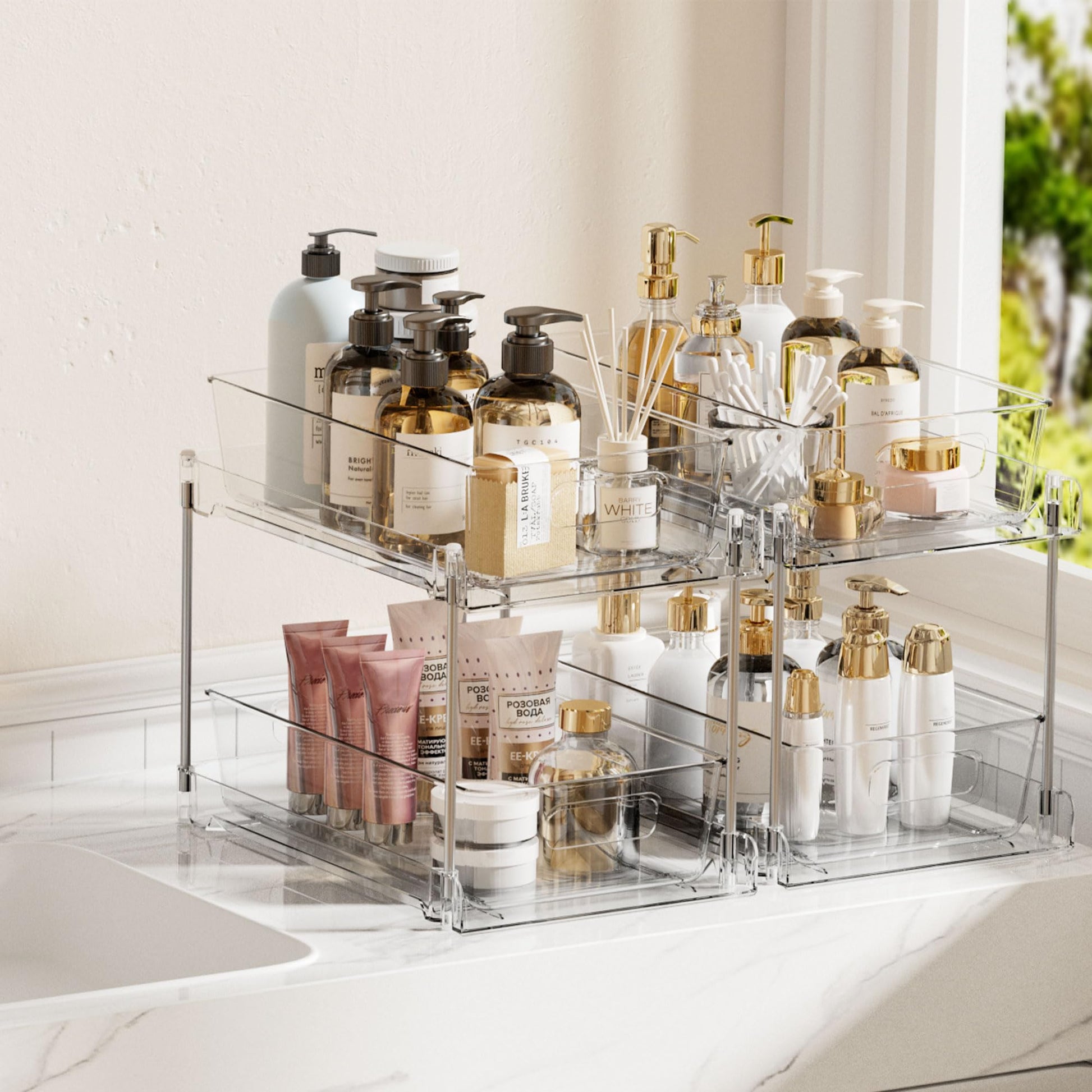 2 Tier Bathroom Organizer, Vtopmart 2 Pack Clear Under Sink Organizers Vanity Counter Storage Container, Medicine Cabinet Drawers Bins, Pull-Out Organization with Track for Pantry, Kitchen